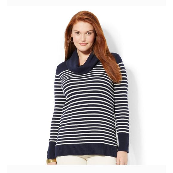 Lauren Ralph Lauren Women's Navy & White Striped Cowl Neck Slit Sweater Size XL - Picture 1 of 9